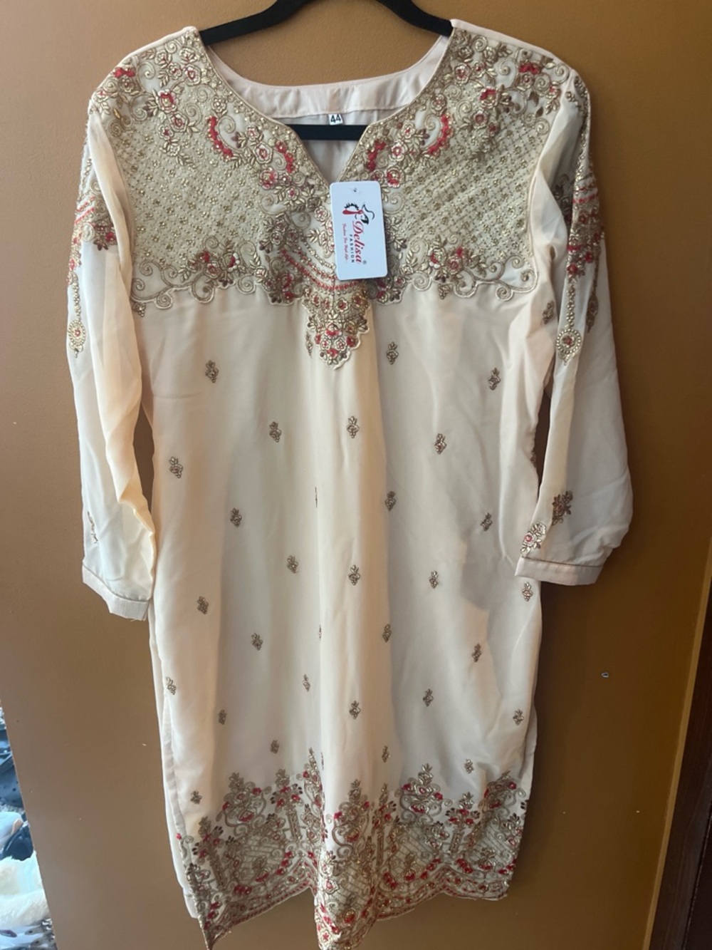 Embellished Cream Tunic with Gold & Red Accents (Salwar Kameez)
